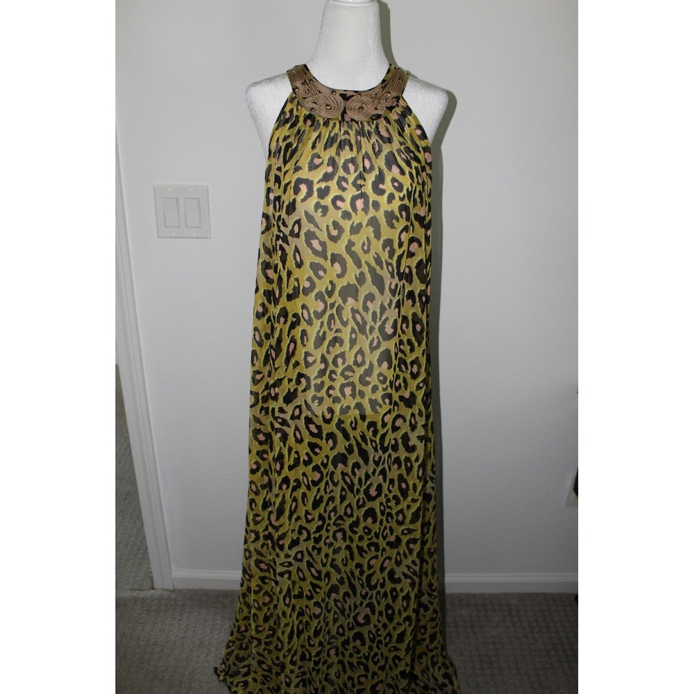 H&M Women's Leopard Halter Maxi Dress Gold Embroidered Chartreuse Sleeveless M/L - Picture 2 of 11